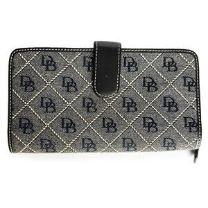 Vintage Dooney & Bourke Navy Logo Print Wallet Black Leather Trim Retro
